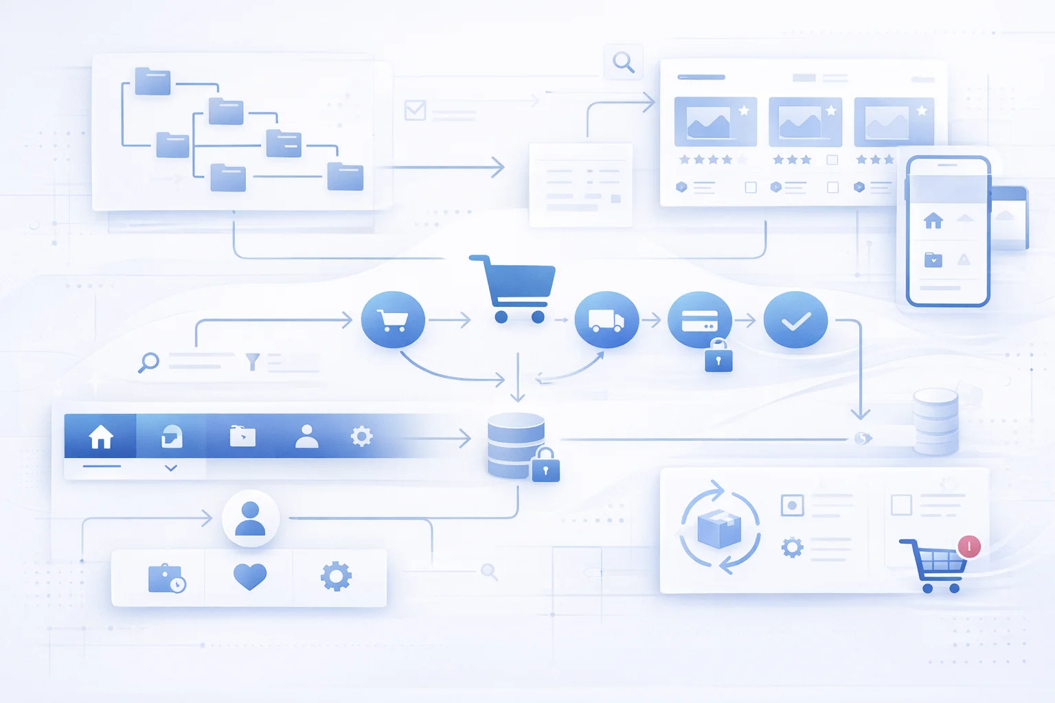 E-ticaret mimarisi - kategori yapısı, ürün sayfası, sepet ve checkout süreci gösterimi