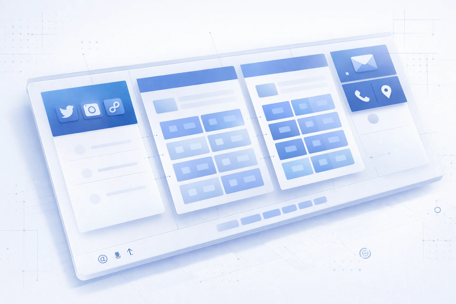 Footer yapısı tasarımı - sütunlar, linkler, sosyal medya ikonları organizasyonu