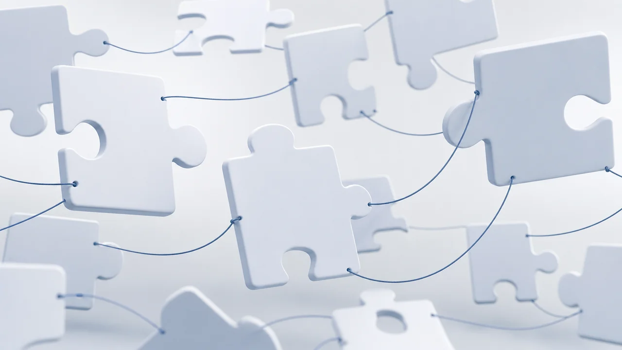Birbirine tam oturmayan puzzle paneller, aralarında sarkan ince çelik mavi iplikler