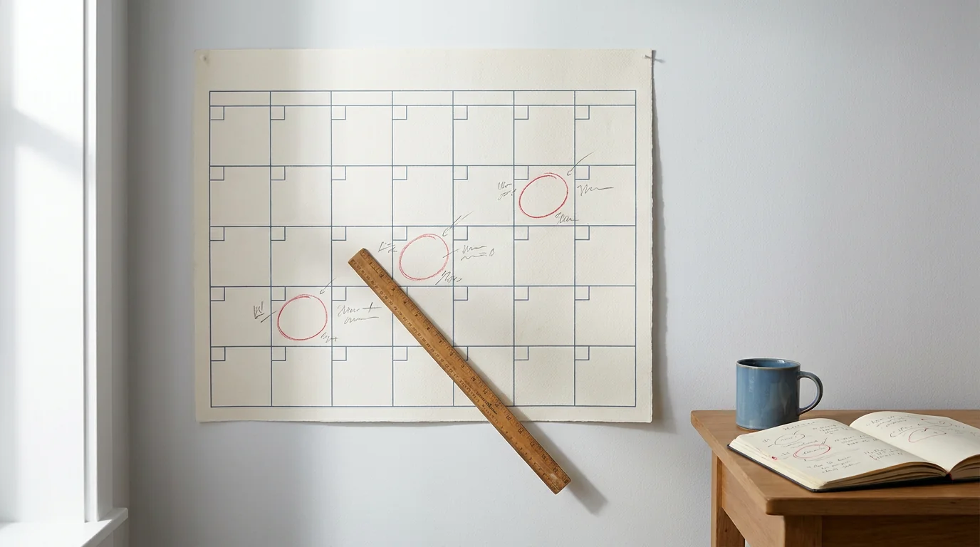 Döngüsel aylık site mimarisi denetim sürecini gösteren dört fazlı blueprint wireframe şeması