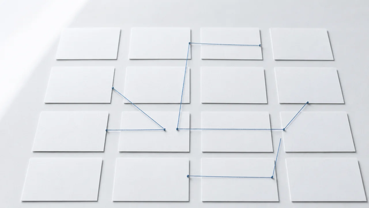 Taslak masasında ızgara halinde proje kartları, birkaç kartı ince çelik mavi iplikler bağlıyor
