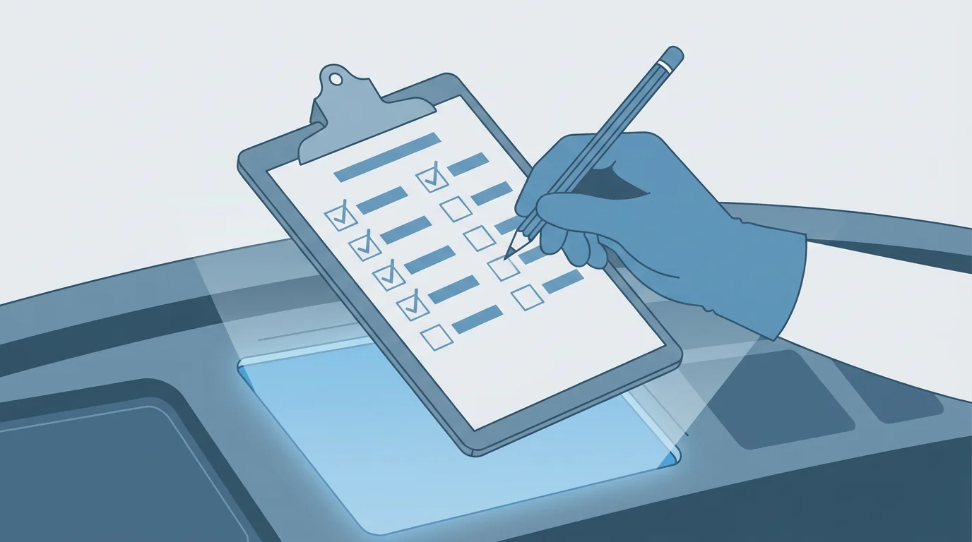 Web projesi yapısal kontrol listesini temsil eden üç sütunlu, tamamlanmış ve bekleyen kontrol noktalarını gösteren blueprint wireframe şeması
